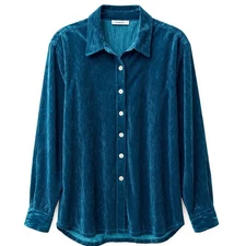 Ali Miles Women's 2X Teal Crushed Velour Button Down Shirt Long Sleeve NEW