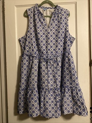 Draper James Plus Size 2X Embroidered V Ruffle Neck Fit & Flare Dress Cotton