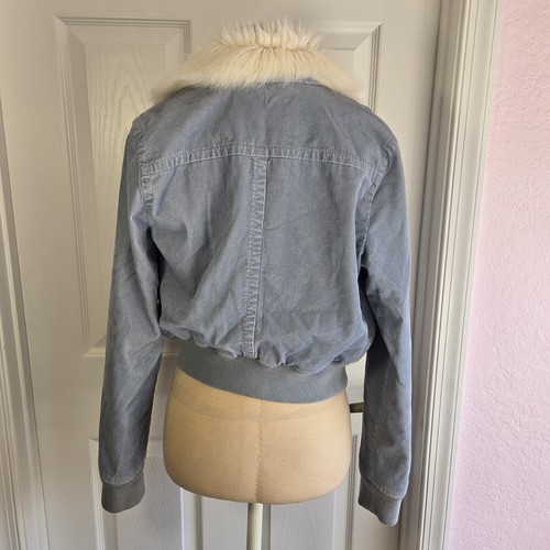 Abercrombie Cropped Blue Corduroy Bomber Jacket Girls Size XL faux Fur Colar - Picture 2 of 10