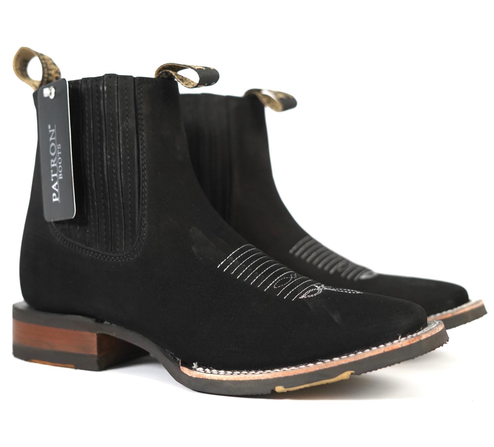 MEN'S BLACK PATRON BOOTS BOTIN NOBUCK WESTERN ANKLE SLIP ON BOTINES RUBBER SOLES