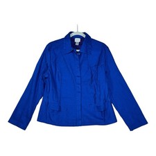 Chicos Pleated Button Up Jacket Size 2 L Blue Purple Cotton Stretch Lagenlook