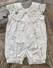 Vintage Hand Embroidered Cutwork Lace Embellish Victorian Infant Baby Romper 12m