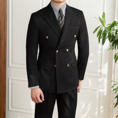 Retro Black Double-breasted Suit British Style Business Slim Men's