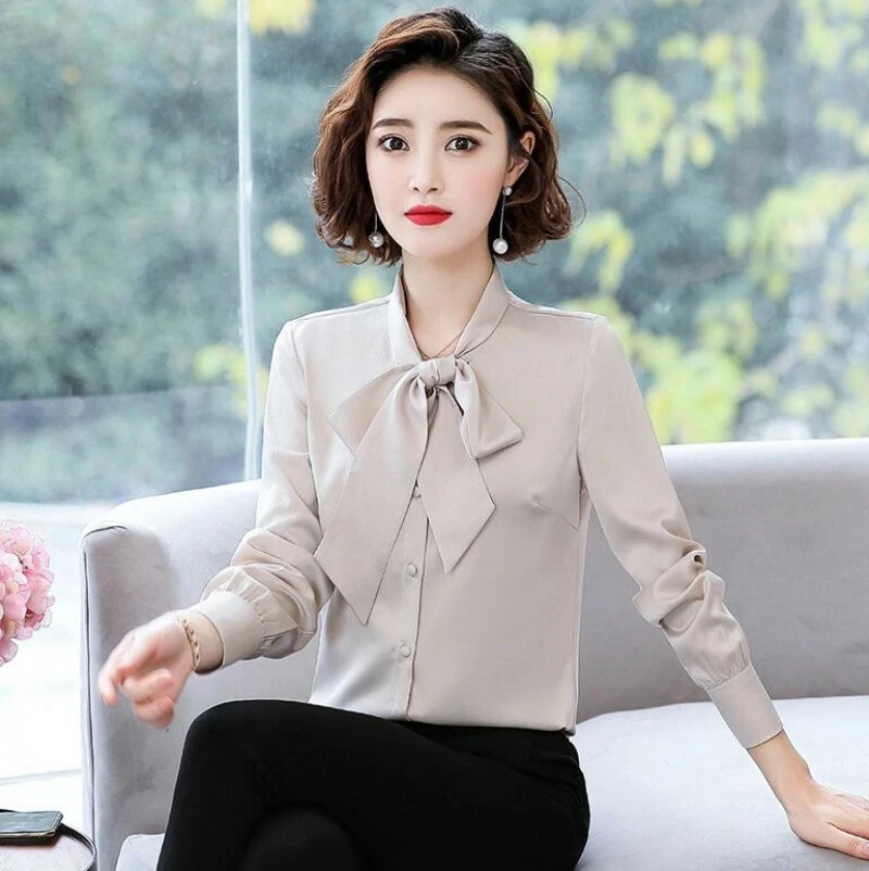 Women Bowtie Collar Long Sleeve Blouse Tops Korean Fashion OL Formal Shirt  S-3XL