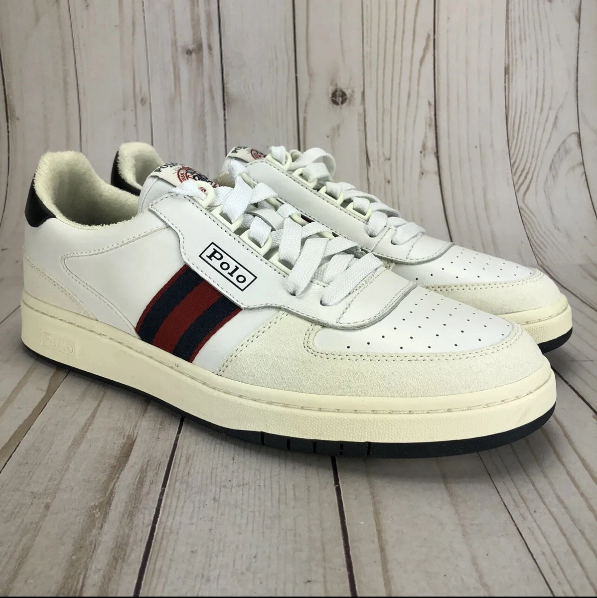 Polo Ralph Lauren Court Low Shoes White Blue Red Leather Suede Mens Size 9