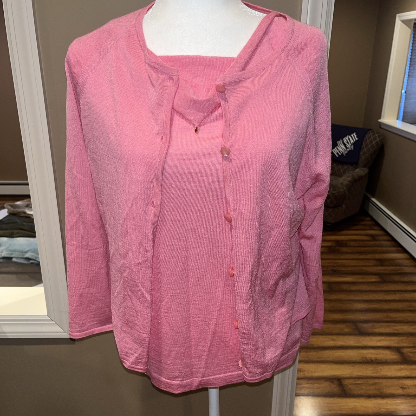 St John Cardigan Tank Sweater Set Pink Wool Rayon Medium