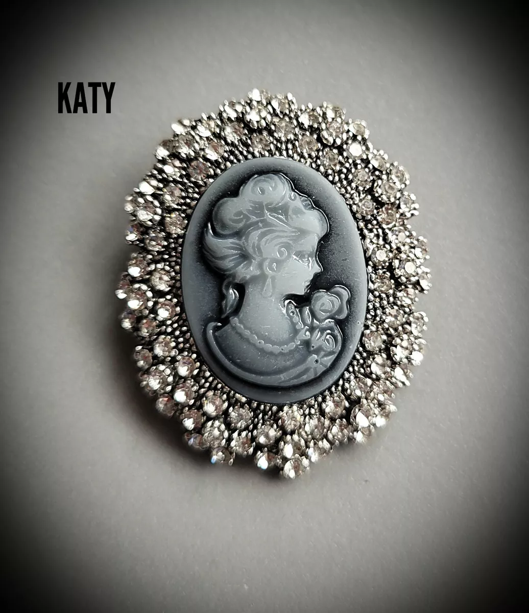 Vintage Victorian Style Crystal Cameo Brooch Silver Diamante