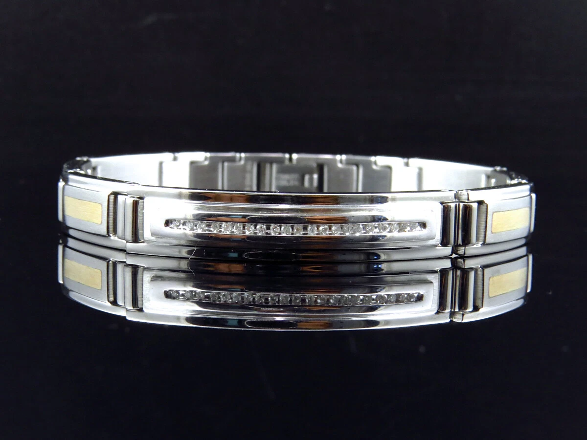 Mens 8.5mm Genuine Diamond Double Tone Link Stainless Steel