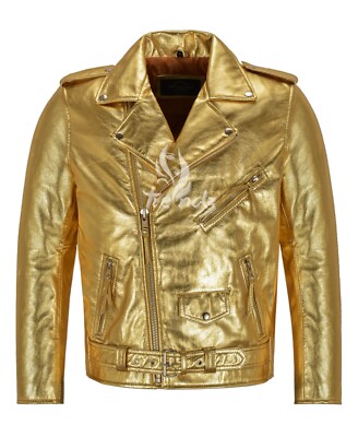 Herren BRANDO SLIM-FIT Gold Foiled Lederjacke Biker Racer Jacket SRMBF