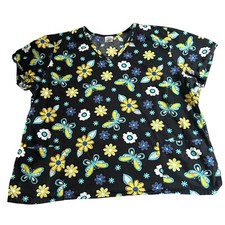 Scrub Top Womens Size 2X Black Flower Butterfly Short Sleeve Work Shirt