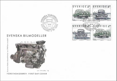Saab 92 Classic 1950 Volvo PV831 Classic 1950 Cars Stamp Pairs Sweden FDC 1992