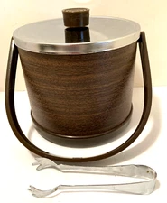 Atapco Ice Bucket 5-6789 USA Faux Wood Grain Chrome Lid Tongs 6.5" T x 7.5"D Vtg