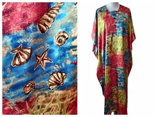 Winlar Womens Red Green Blue Seashells Beach Satin Coverup Kaftan Dress OSFM