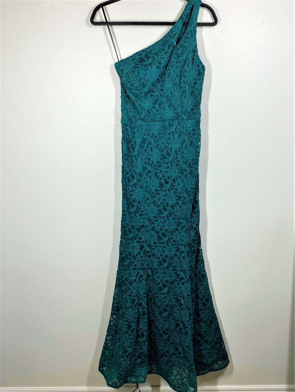 BCX Green One Shoulder Glitter Lace Overlay Gown Merm… Gem