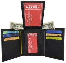 Black Mens Genuine Lamb Leather Flap Up ID Credit Card Holder Trifold Wallet