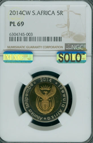 2014 CW SOUTH AFRICA 5 RAND NGC MS69 MAC SOLO FINEST GRADE & SPOTLESS RARE * 
