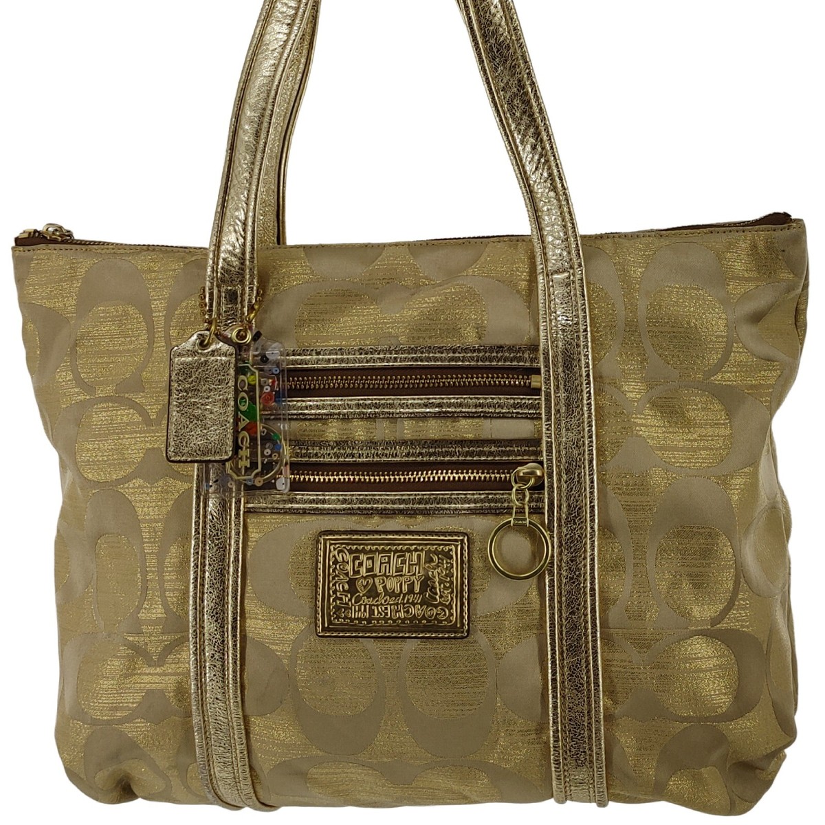 COACH 13826 Poppy Gold Signature Monogram Logo Jacquard Glam Tote
