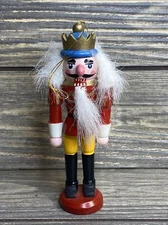 Vintage Christmas Tree Ornament Wooden Nutcracker Red Coat gold Crown 5”