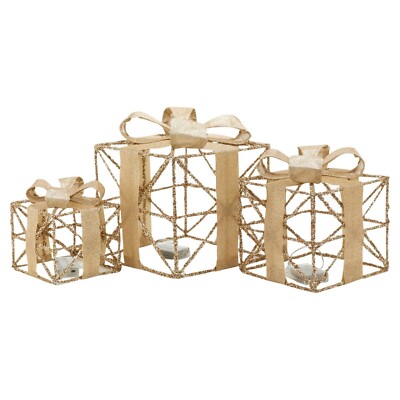 3er Set LED Leucht Weihnachten Geschenkpaket Weihnachtsgeschenkboxen Innen Baum Gold