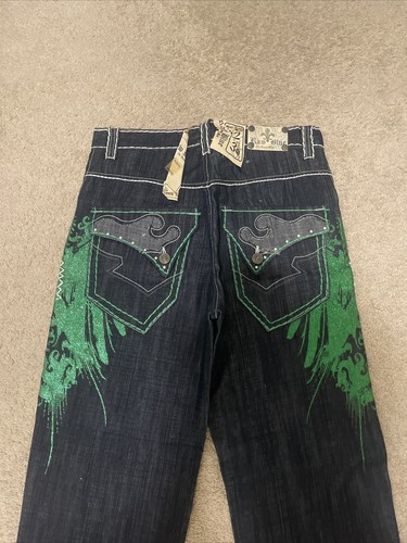Jeans da uomo vintage Y2K blu grezzo large da pattinatore grunge taglia 32x30 cyber wings nuovi con etichette - Foto 2 di 8