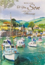 SON BIRTHDAY GREETING CARD 7"X5" TRADITIONAL BOATS IN HARBOUR