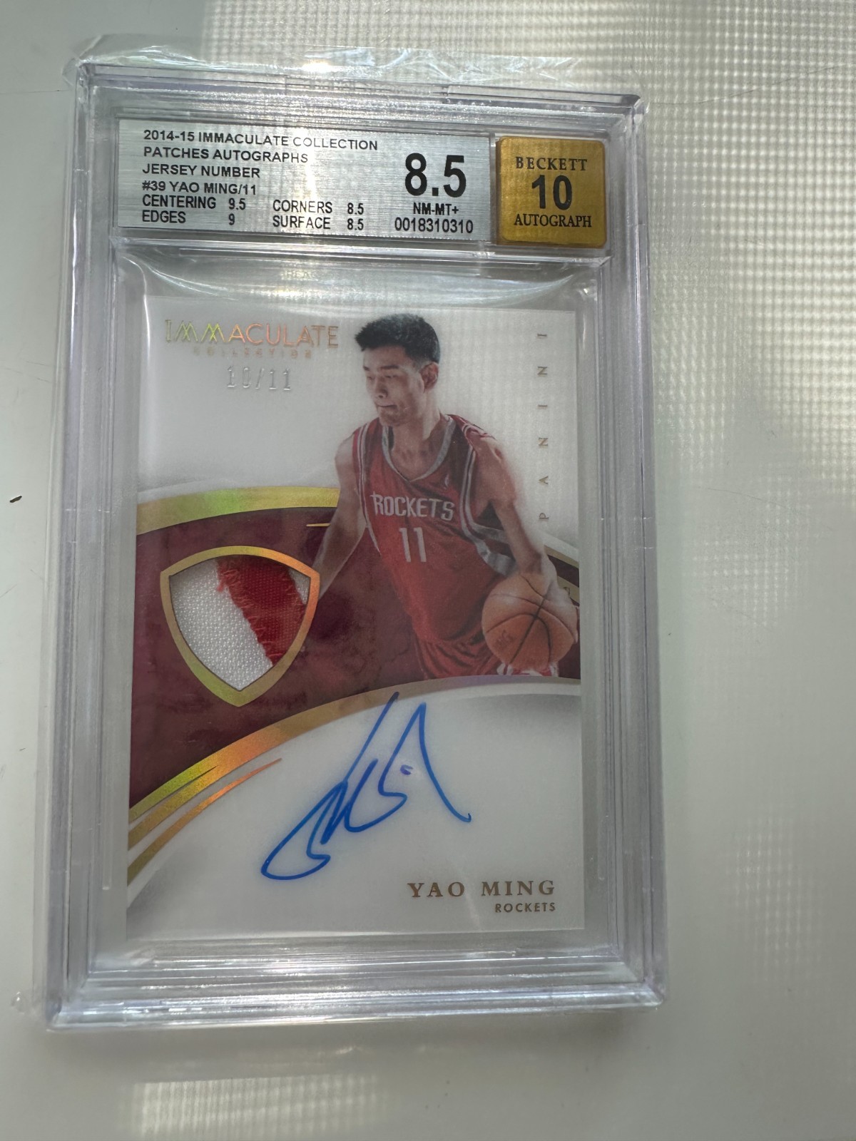 Yao Ming 2014-15 Panini Immaculate Jersey Number Patch Auto 10/11 Bgs 8.5 10 view 1