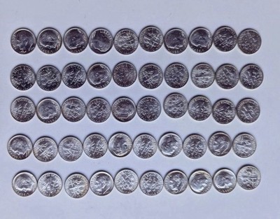 1964 10C ROOSEVELT SILVER DIME $5 ROLL 50 dimes uncirculated in paper roll