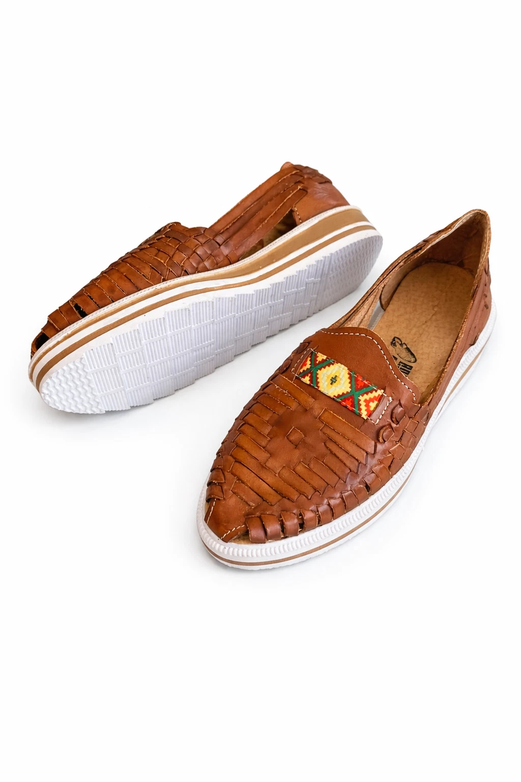 Authentic Mexican Leather Huarache Sandals Women Brown Woven Slip-On Rubber Sol