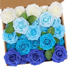 Blue Roses Artificial Flowers 25 PCS Fake Silk Bouquet Wedding Centerpiece