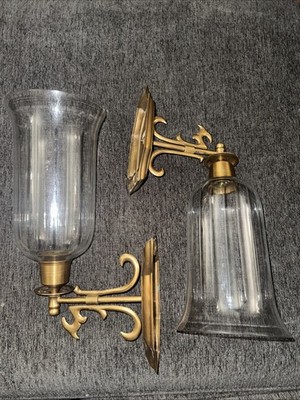 2 VTNG Georgian Style brass Wall Candlestick Sconce With Crystal Hurricane Glass