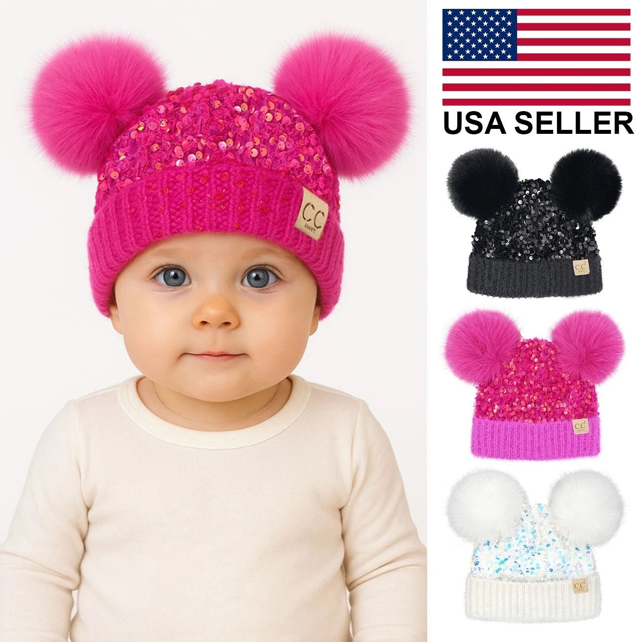 C.C Baby Infant Winter Warm Soft Sequin Fur Pom Pom Beanie Hat 0-9 month