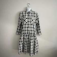 80s Cotton Plaid Long Sleeve Drop Waist Midi Dress Apostrophe Collared Size S