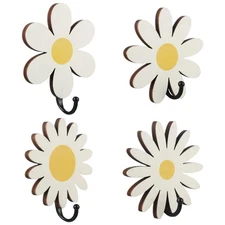 4 Pcs Daisy Wall Hooks Kids Wooden Wall Adhesive Hooks Cute Baby Nursery Hang...