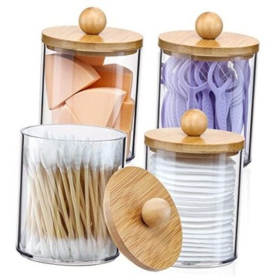 4 Pack Qtip Holder Dispenser with Bamboo Lids - 10 oz Clear 4 Pack of 10 oz