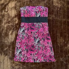 LOFT Strapless Floral Mini Dress Womens 6 Pink Black White Excellent Swirl Print