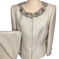 Tahari Luxe Skirt Suit Women 10 Cream Gold Embellished Quiet Luxury Holiday 2 Pc