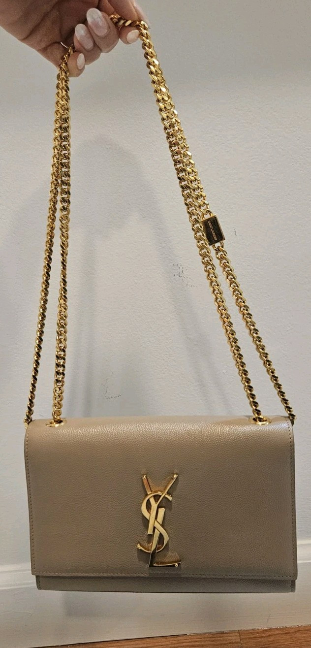 Saint Laurent YSL Kate Borsa a Catena in Pelle Beige con Ferramenta Tono Oro