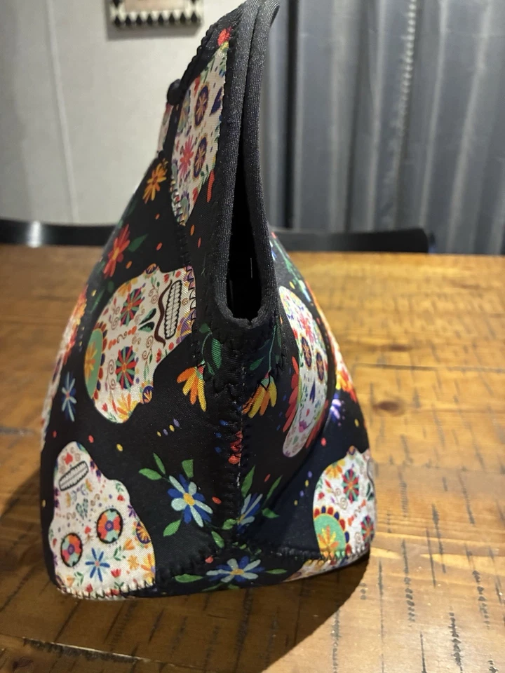 Bolso de Almuerzo Día de los Muertos Calavera de Azúcar - Bolso con Cremallera Aislado de Neopreno - Negro Foto 3 de 4