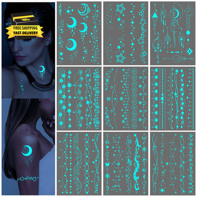 Star Moon Blue Glow in the Dark Temporary Tattoo for Women, Luminous Flower Star