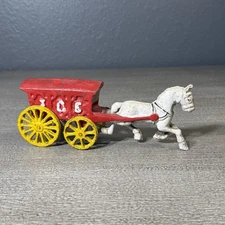 Vintage Cast Iron Horse Drawn Carriage Pulling Ice Cart Truck Wagon Toy