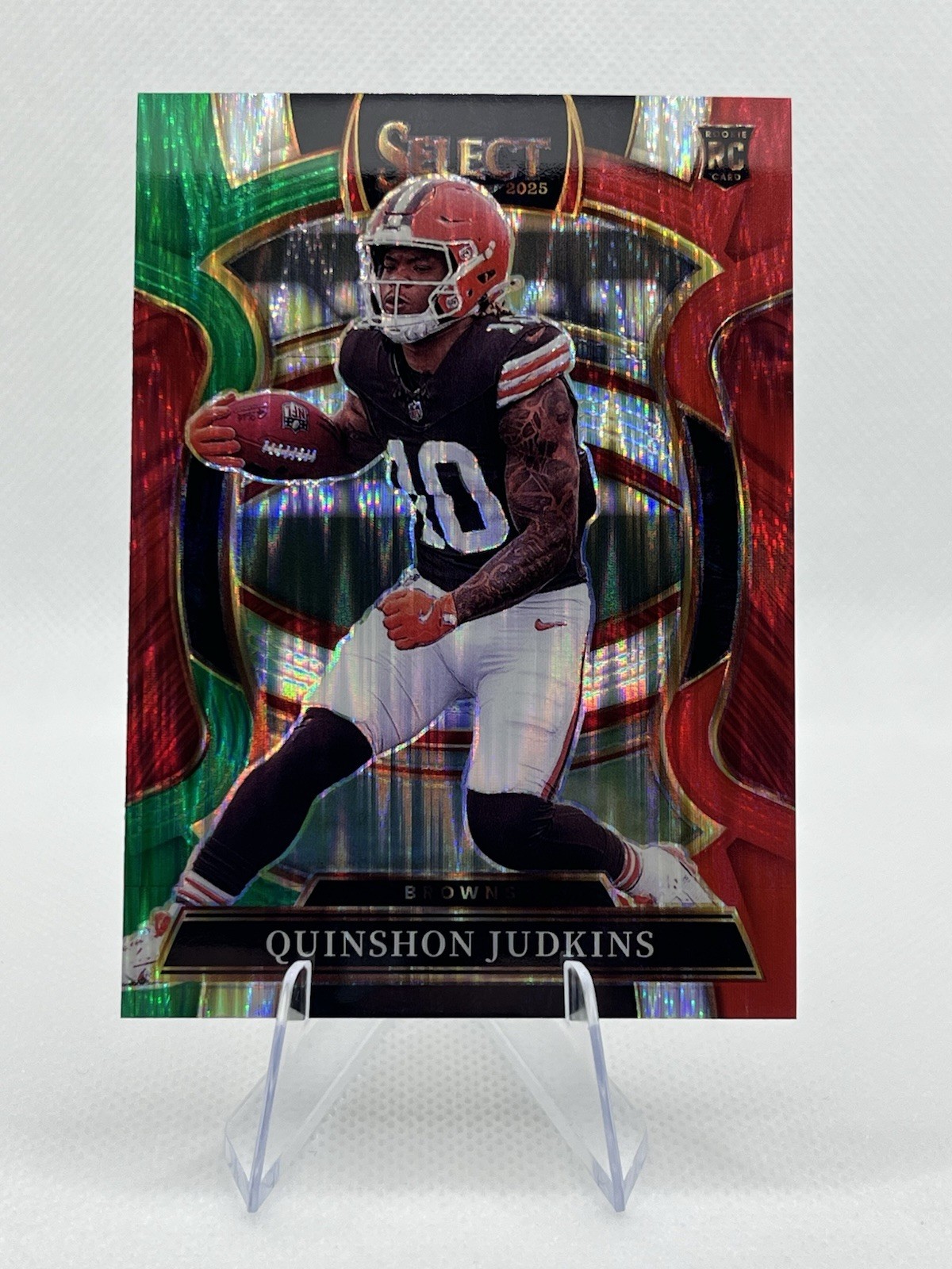 2025 Panini Select Football #55 Quinshon Judkins Green & Red Shock Prizm (RC)