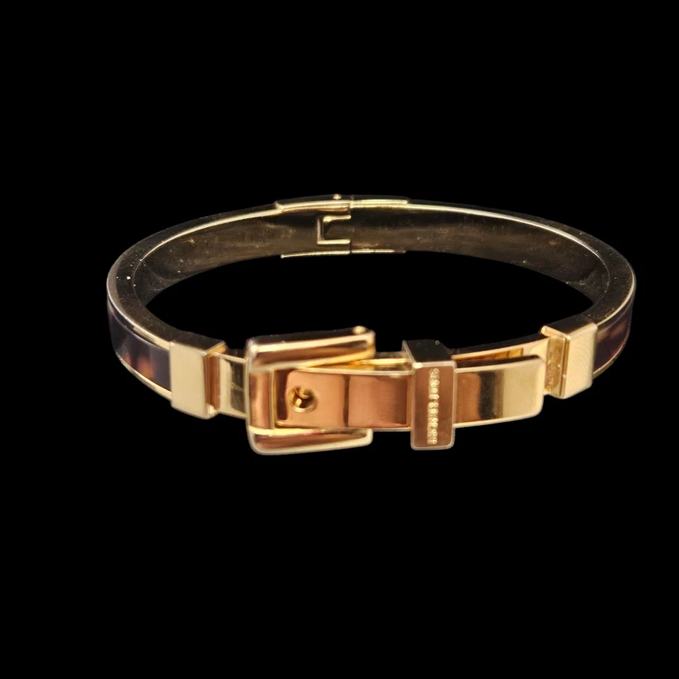 Michael Kors Yellow Gold Tone & Tortoise Acetate Hinge Belt Bangle Bracelet 6" - Image 3 of 4