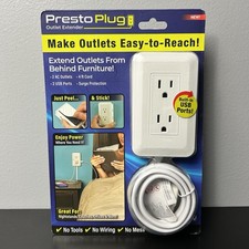 Presto Plug Outlet Extender Peel Stick 4 ft Cord 2 AC Outlets 2 USB Ports New