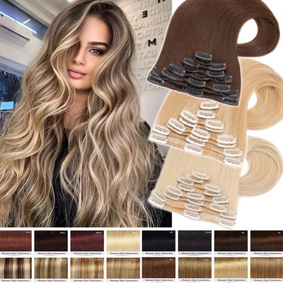 USA CLEARANCE Clip In 100% Real Human Remy Hair Extensions Full Head Brown Weave