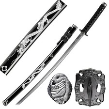 39.5" Dragon Print Design Black Scabbard Carbon Steel Blade Samurai Sword