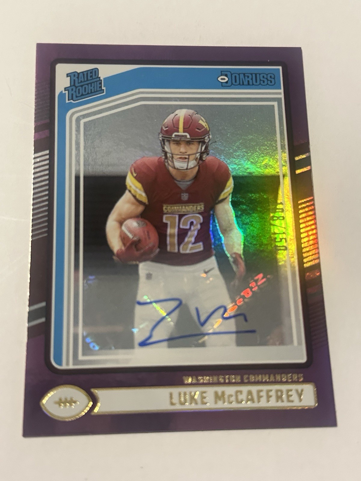 2024 Donruss Football Luke McCaffrey Rated Rookie Purple Auto /150