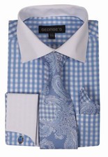Men's Checker Dress Shirt Set French Cuff w/ Cuff-Links 615 Blue