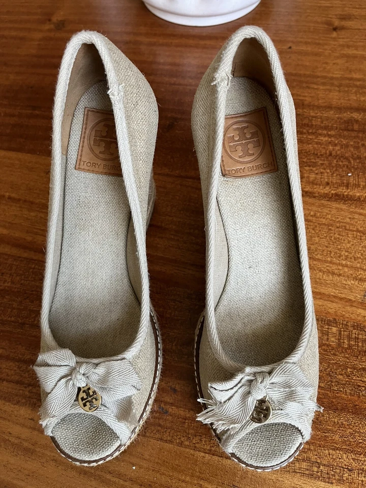Tory Burch Zapatos Jackie Alpargatas Tacones de Cuña Beige Lona Punta abierta Talla 10.5 B Foto 2 de 4