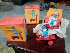 Vintage 3Tin Wind Up roli zoli Circus Clown Scooter lemezarugyar in box tin toy 