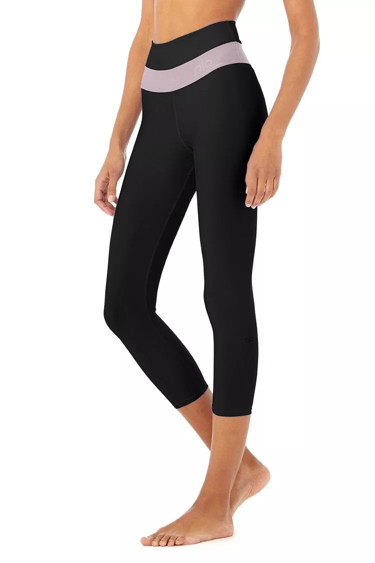 ALO Yoga Women's Airlift High Waist Logo Band Capri Leggings Sz S Black  Lavender